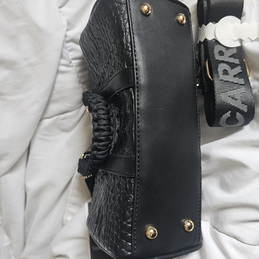 Black Crocodile Embossed Satchel with Braided Handles - Picture 3 of 4